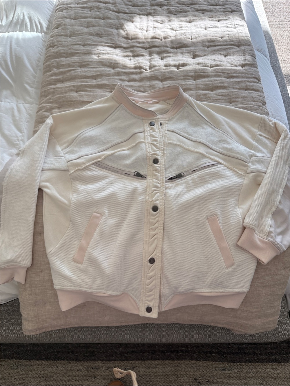 Free People Womens Cream Bomber Jacket with Pink Trim XS